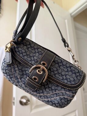 Coach Signature Mini Baguette Bag 🖤 Navy Blue Canvas Leather Y2K Wrislet Bag